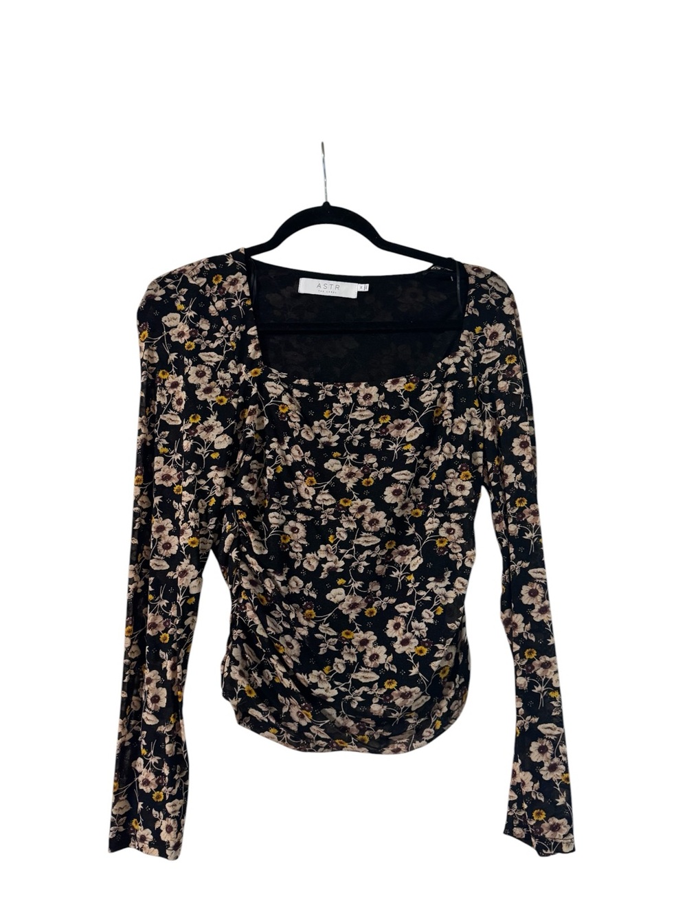 ASTR Black Floral Square-Neck Long Sleeve Top with Cream & Yellow Accents